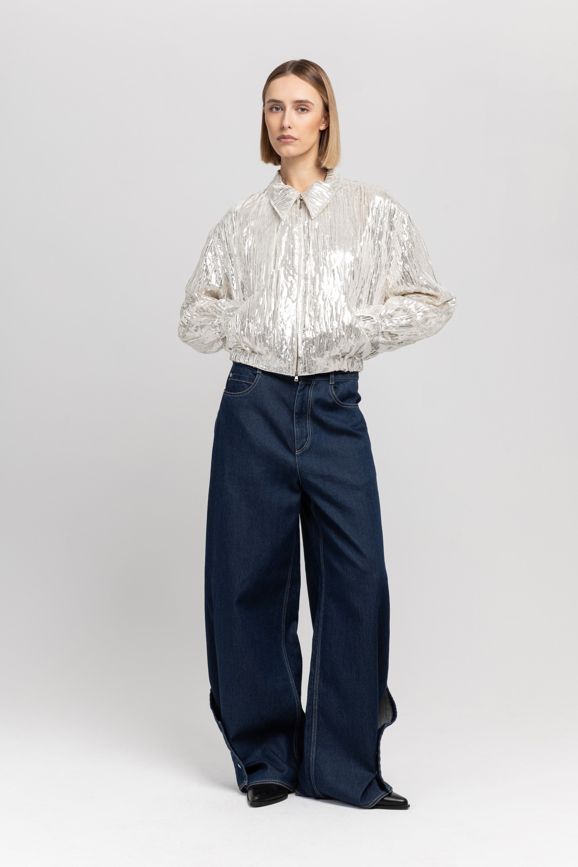 Silver textured silk blend short bomber – NEHERA