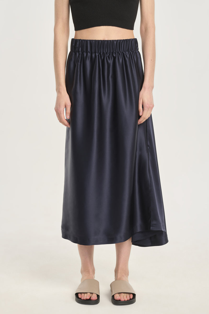 Navy blue satin fluid asymmetrical skirt