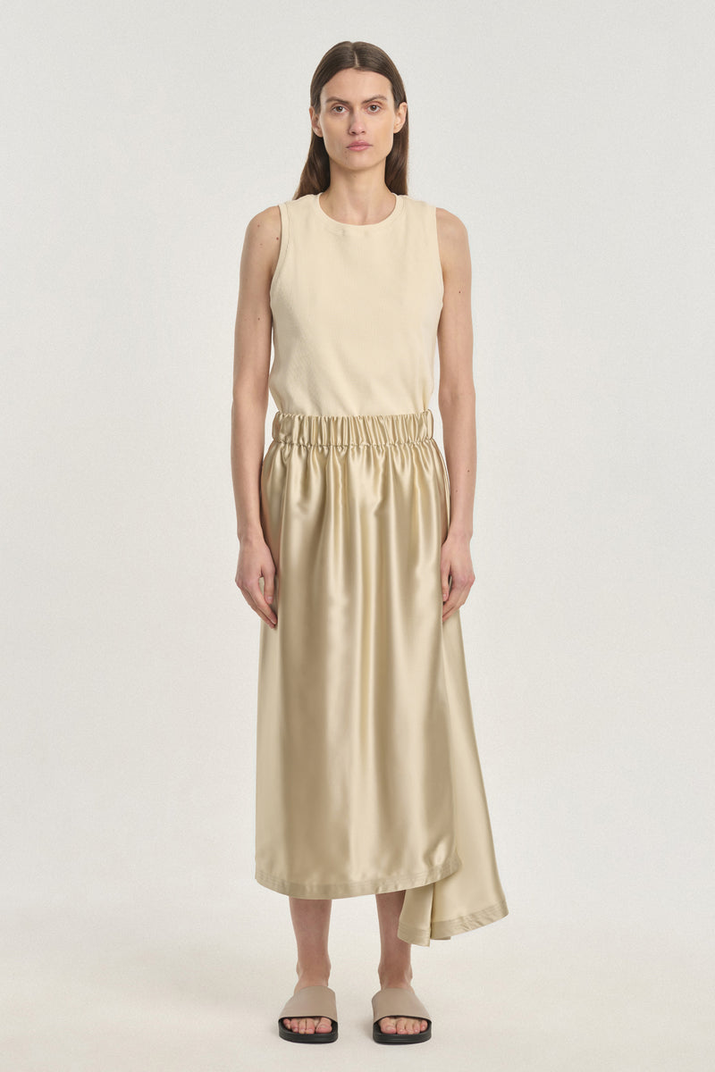 Pearl beige satin fluid asymmetrical skirt