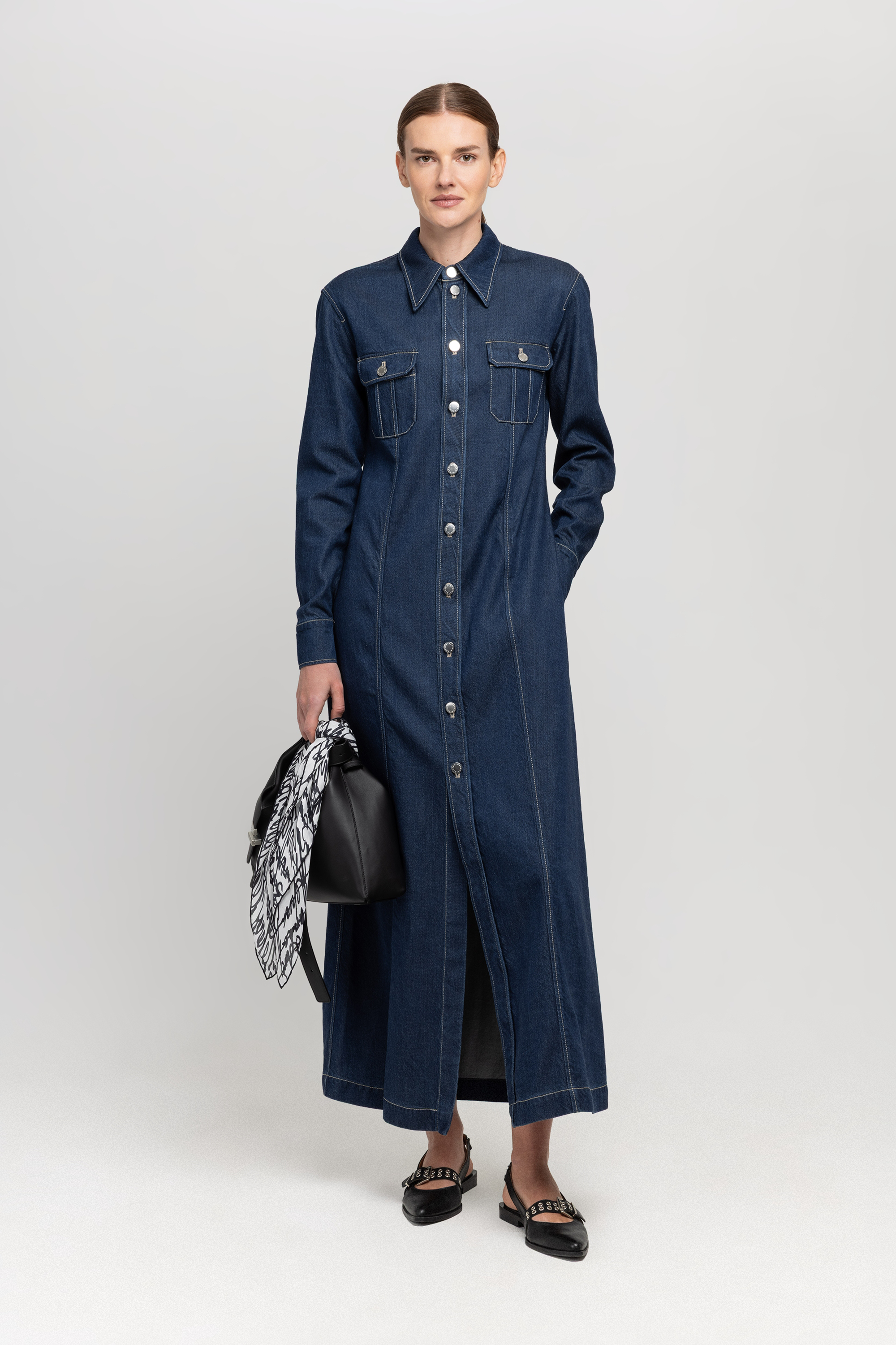 Dark blue lyocell denim twill extra long dress with pockets – NEHERA