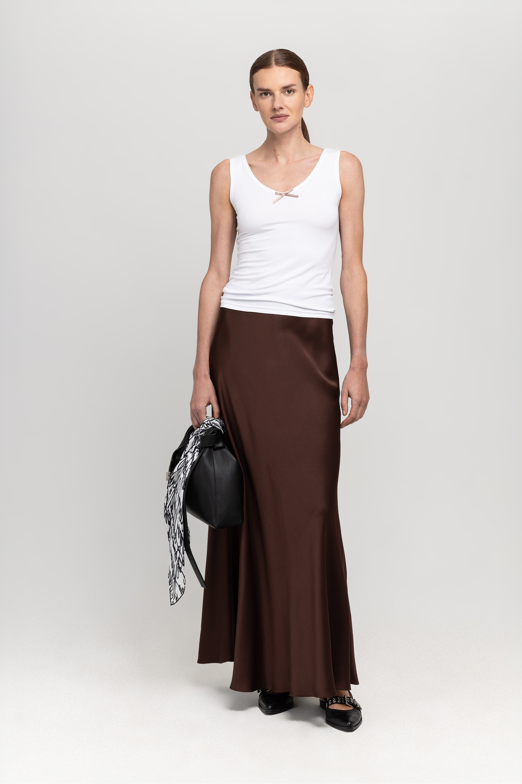 Dark brown cady envers satin a-line maxi skirt – NEHERA