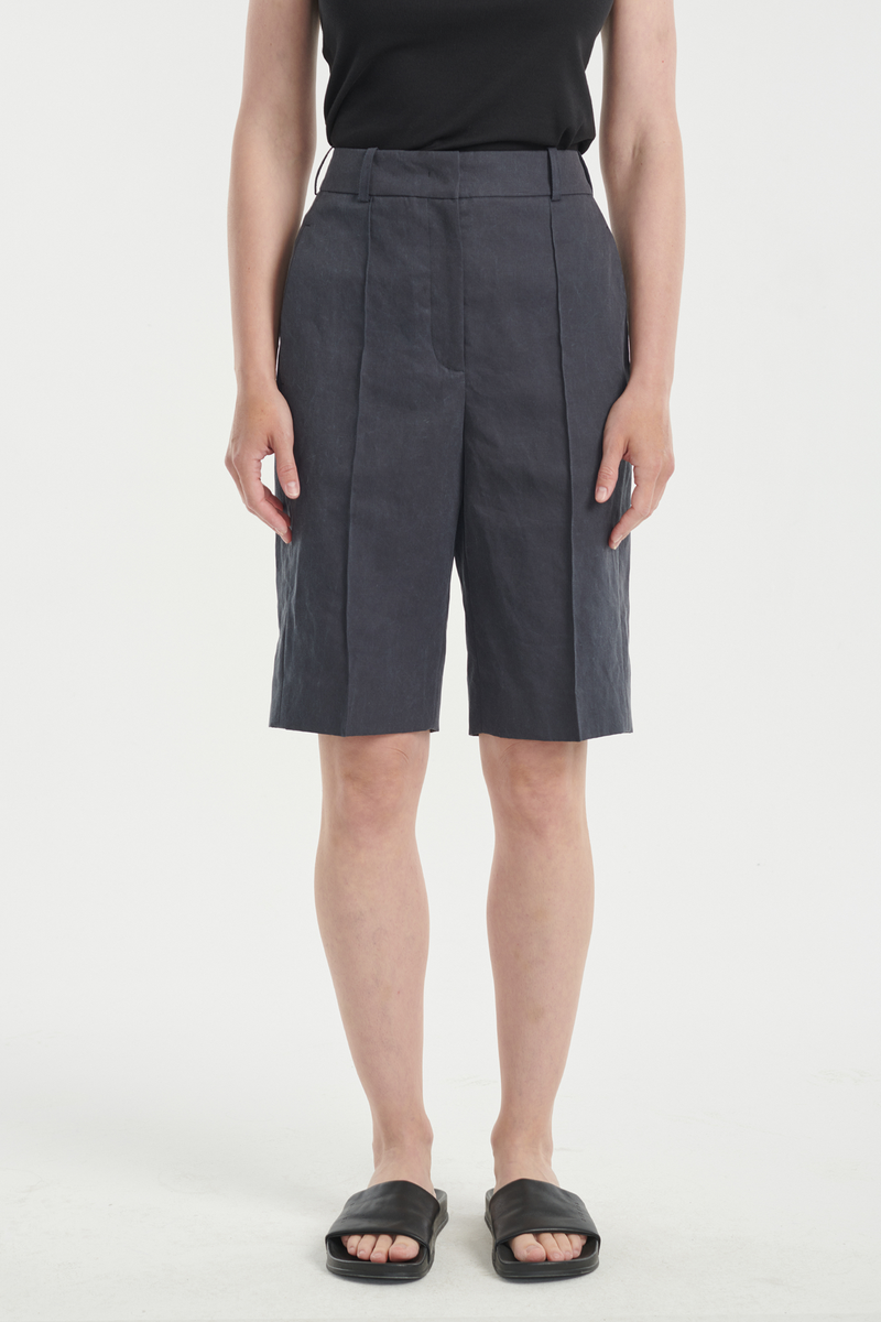 Faded blue cotton linen straight shorts