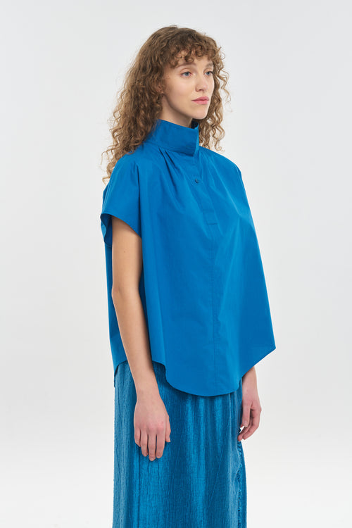 Blue sapphire poplin high collar shirt