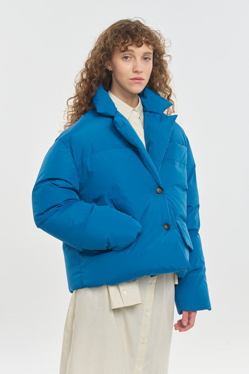 Blue sapphire softshell down puffer jacket