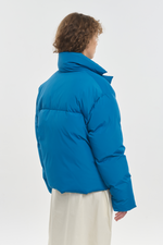 Blue sapphire softshell down puffer jacket