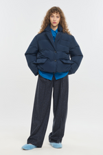 Dark blue softshell down puffer jacket