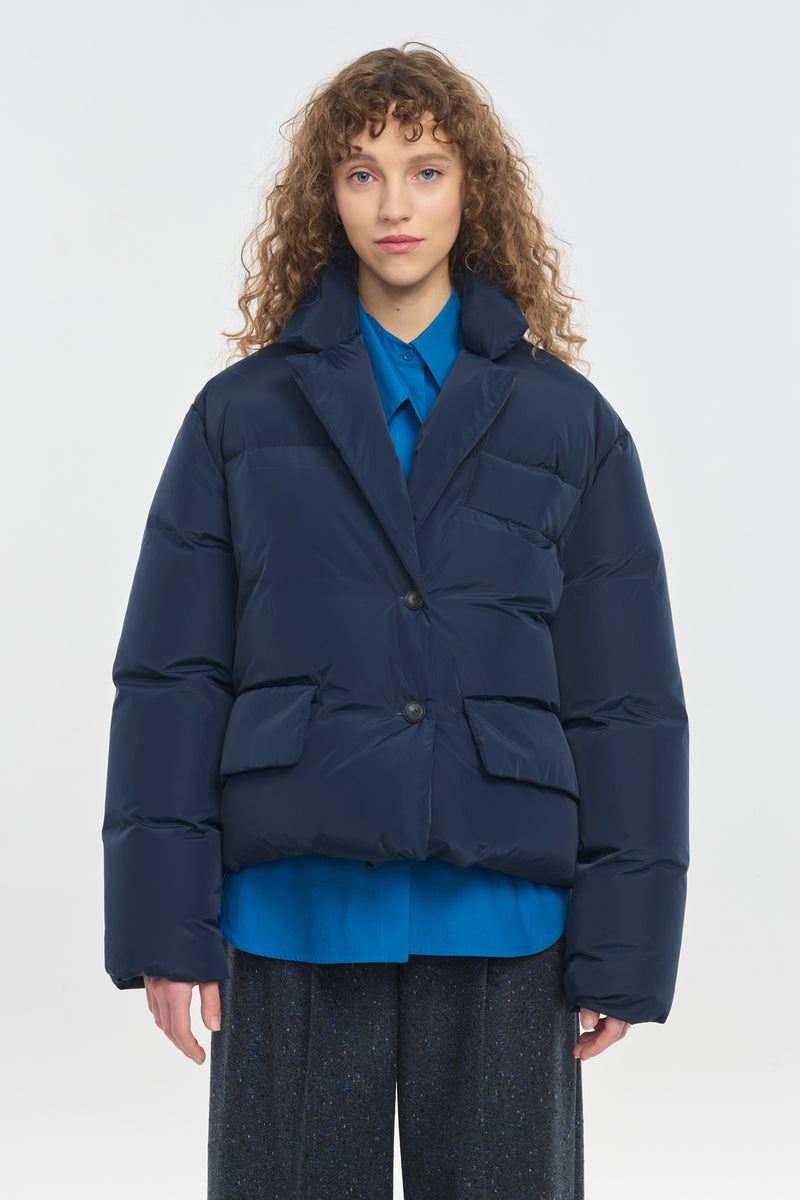 Dark blue softshell down puffer jacket