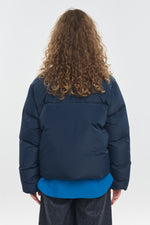 Dark blue softshell down puffer jacket