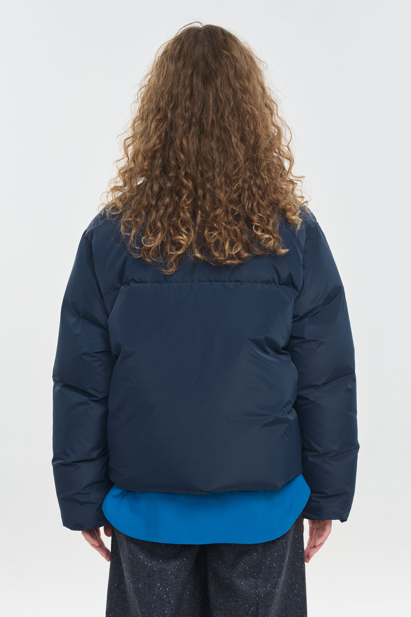 Dark blue softshell down puffer jacket