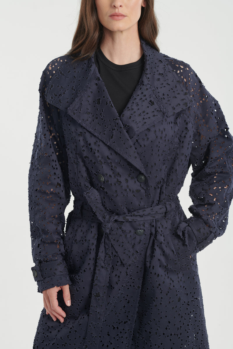 Navy blue perforated trench coat