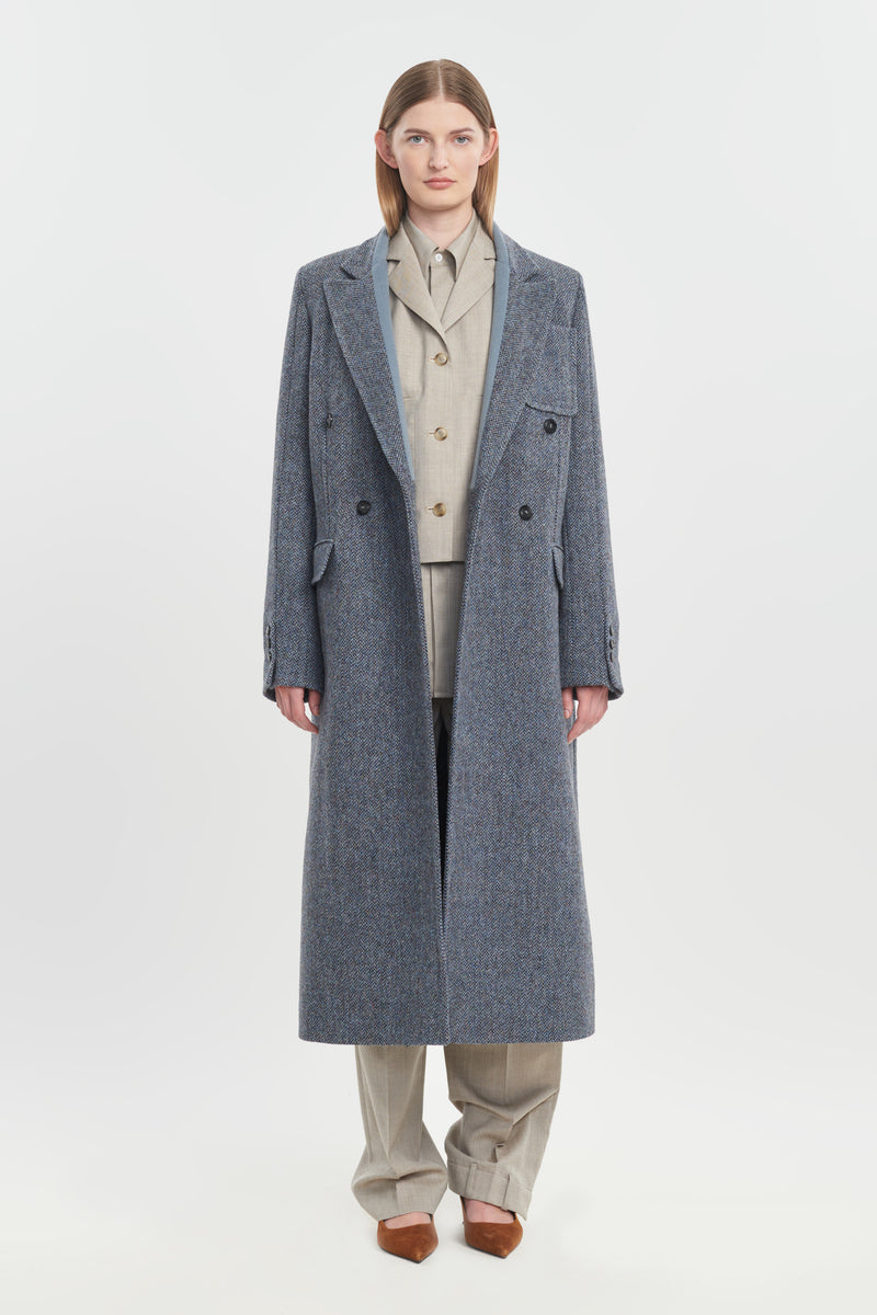 Soft blue harris tweed tailored coat