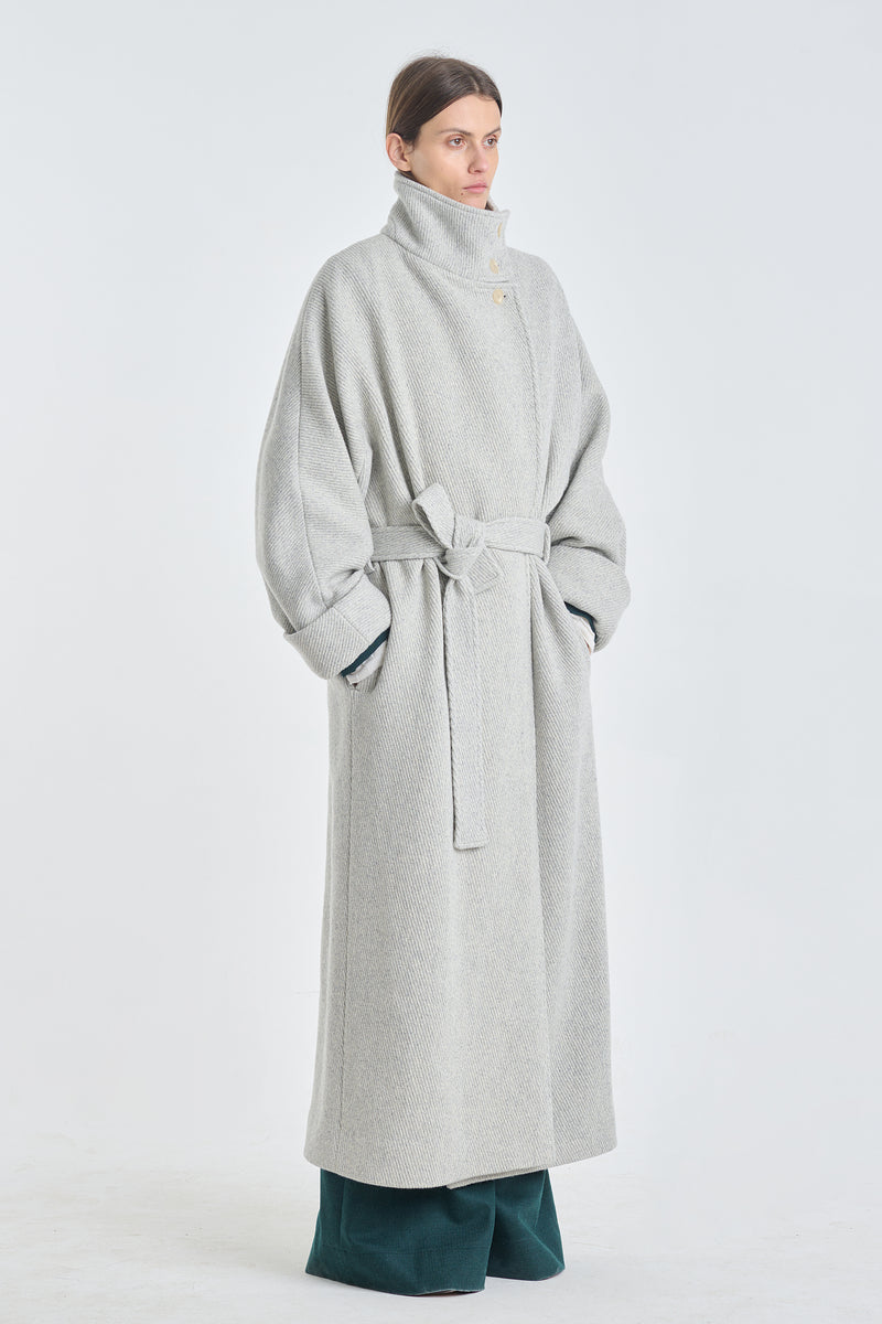 Light grey textured wool belted coat