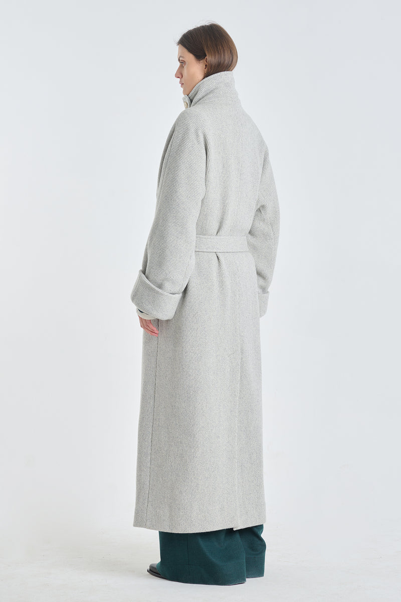 Light grey textured wool belted coat