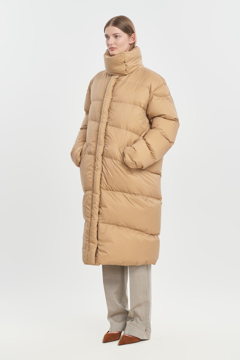 Beige soft touch shell long down coat