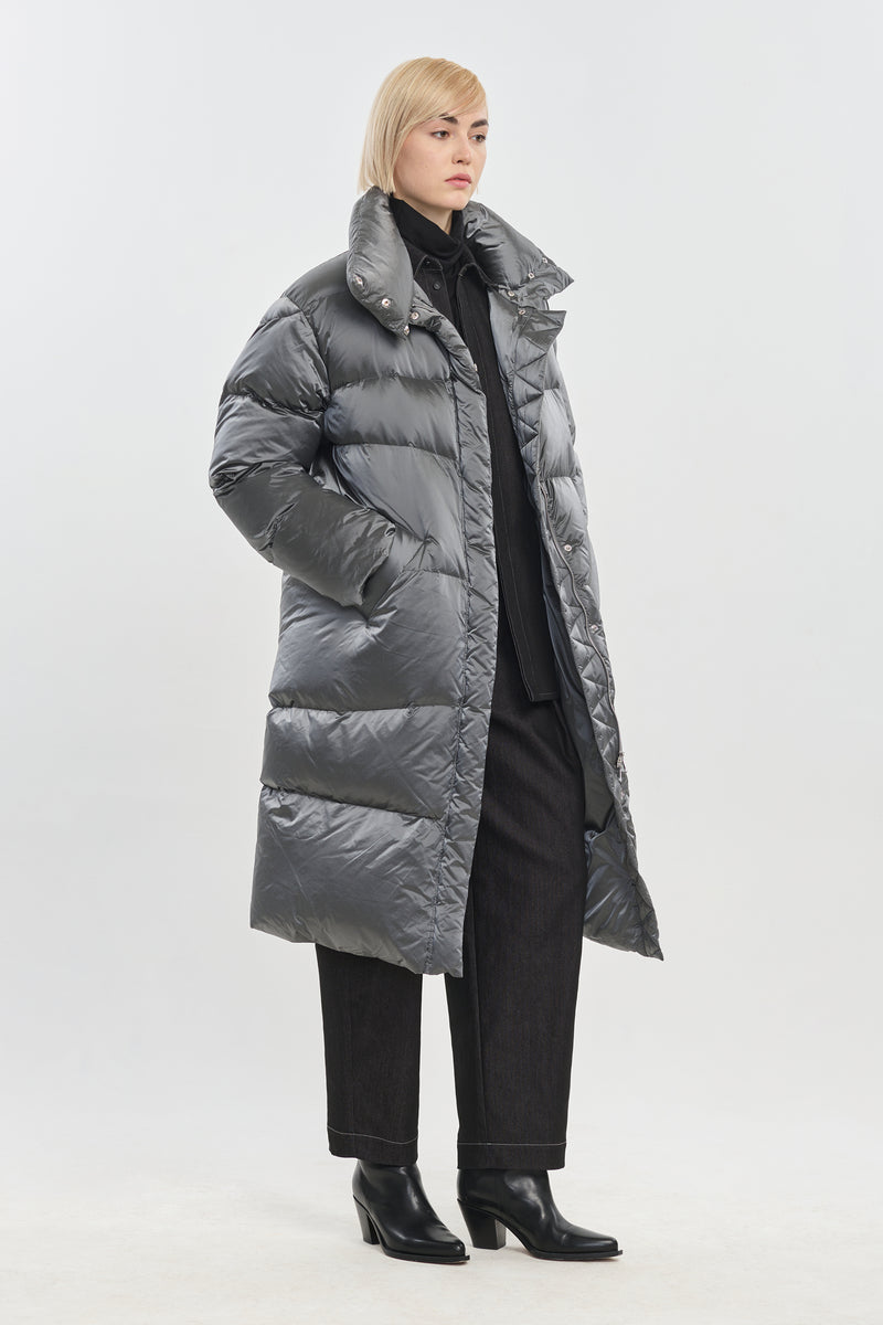 Silver soft touch shell long down coat