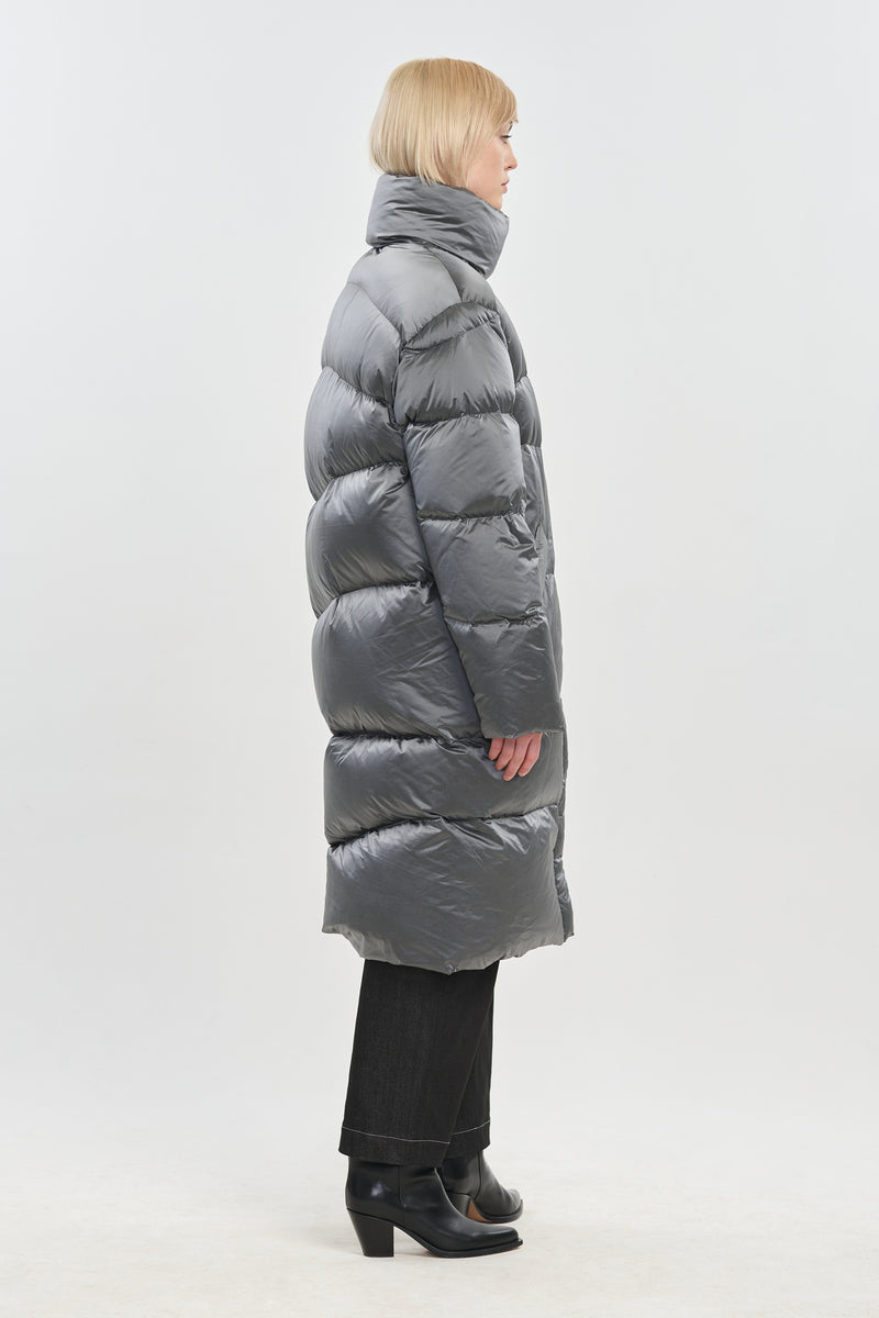 Silver soft touch shell long down coat