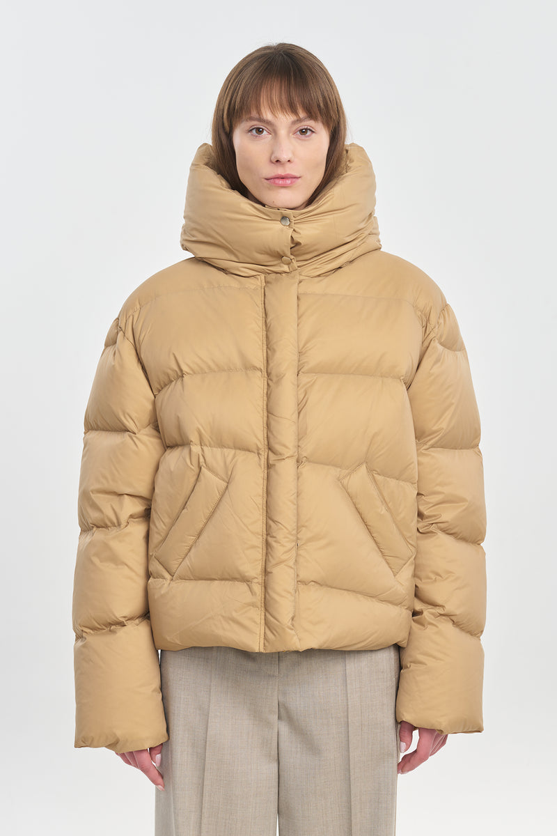 Beige soft touch shell short down coat