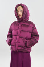 Magenta soft touch shell short down coat