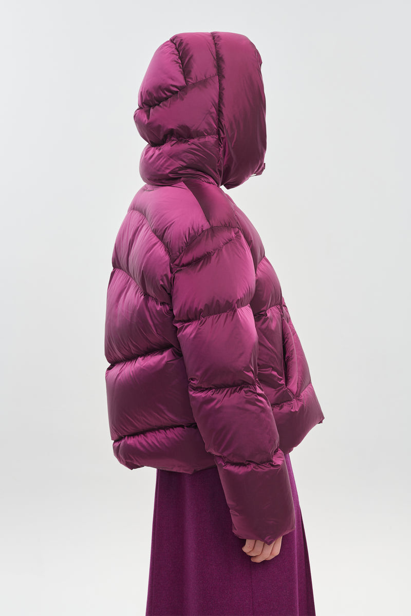 Magenta soft touch shell short down coat