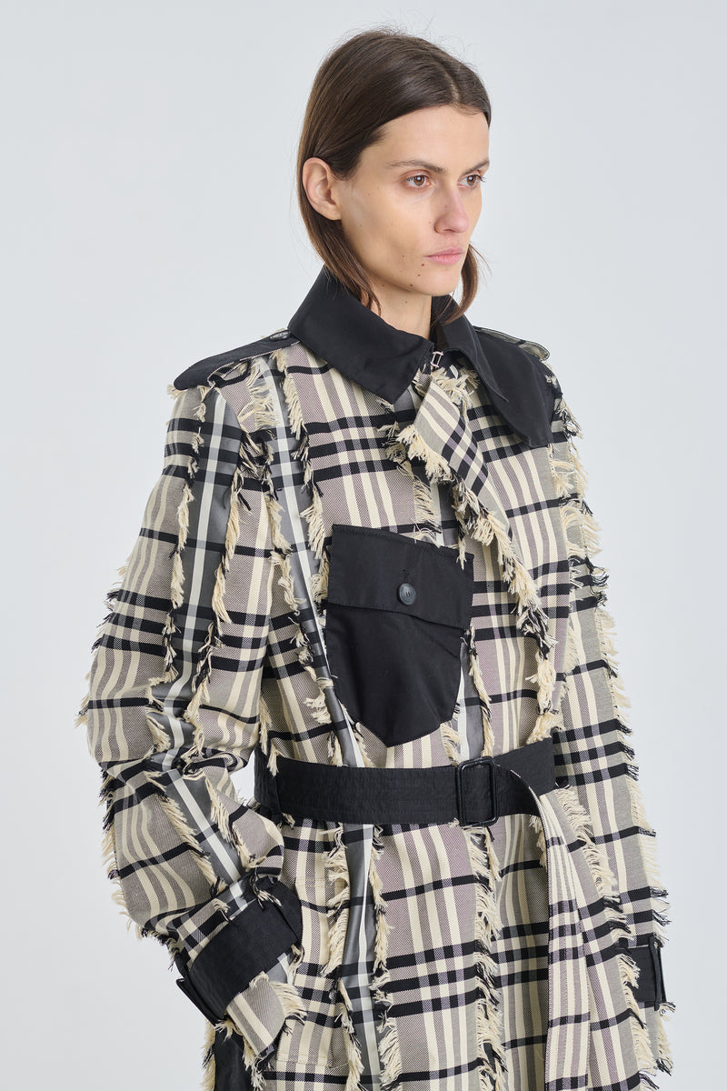 Check trench coat with fringe