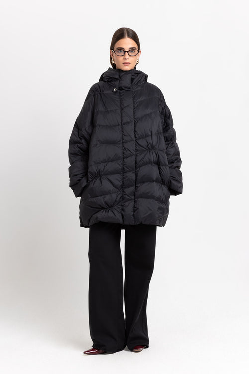 Black down coat with scarf