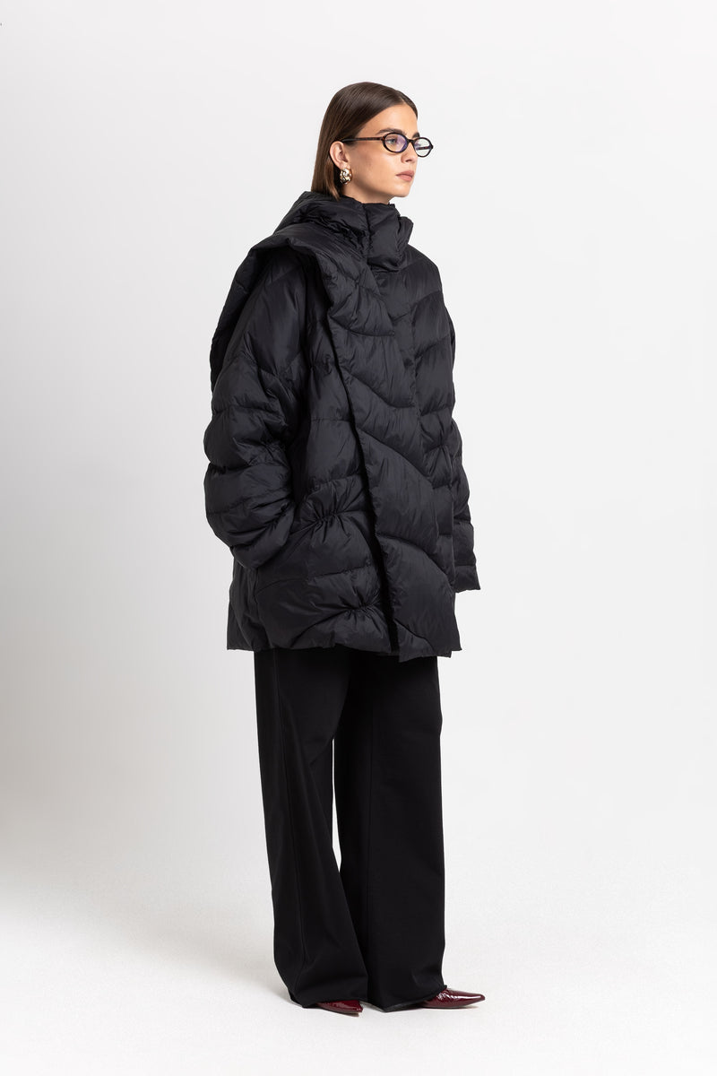 Black down coat with scarf