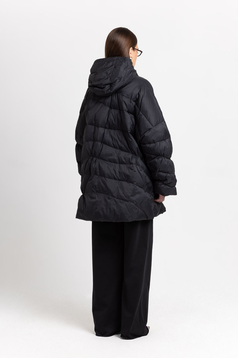 Black down coat with scarf