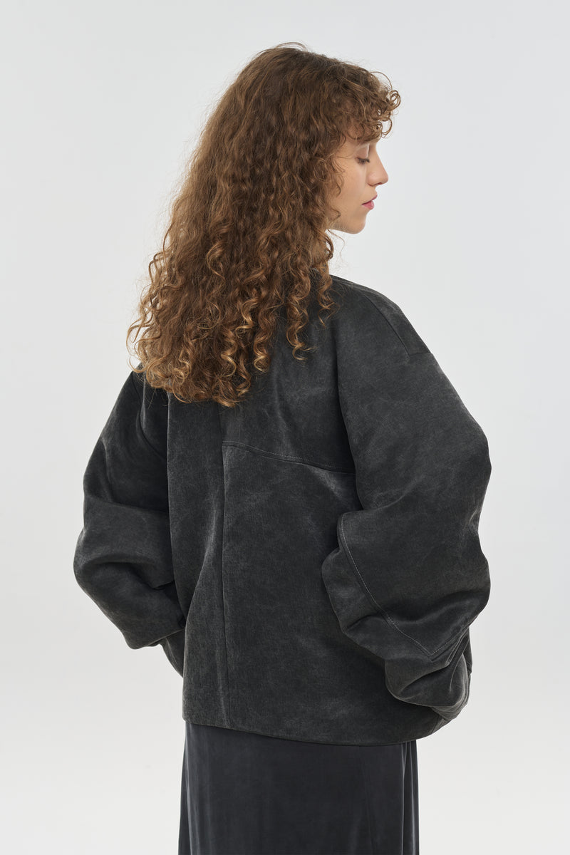 Faded black washed cotton cupro patchwork coat