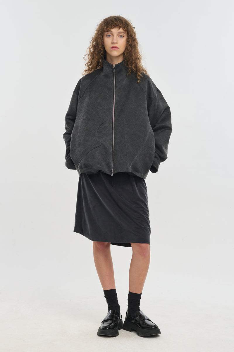 Faded black washed cotton cupro patchwork coat