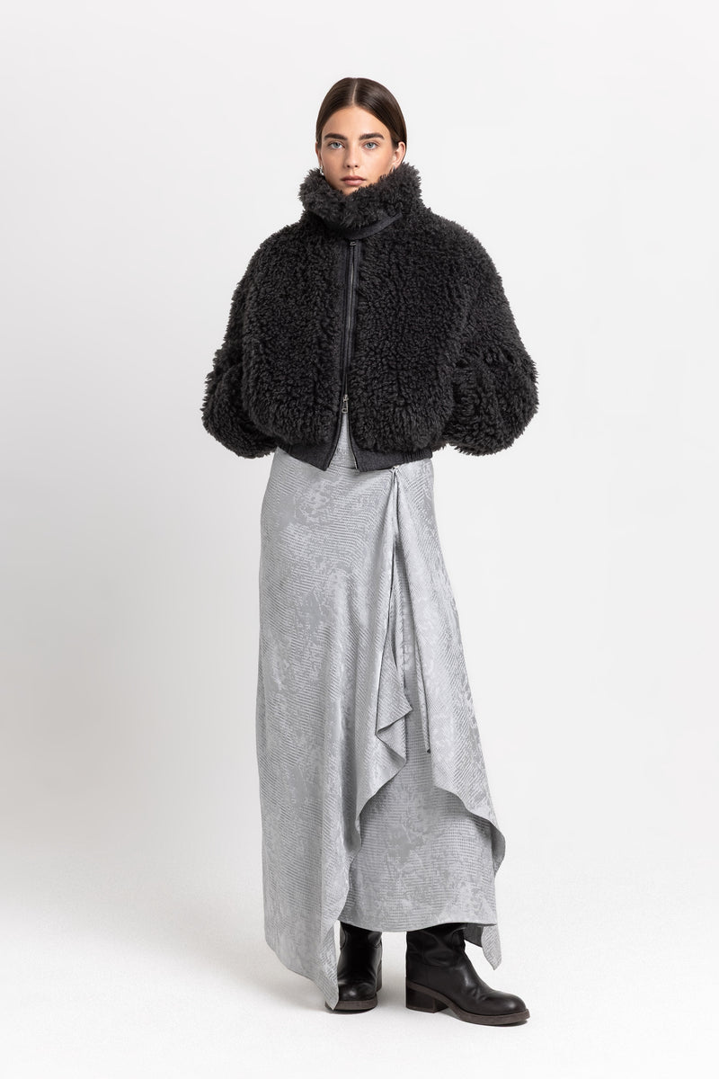 Charcoal black faux alpaca fur bomber jacket