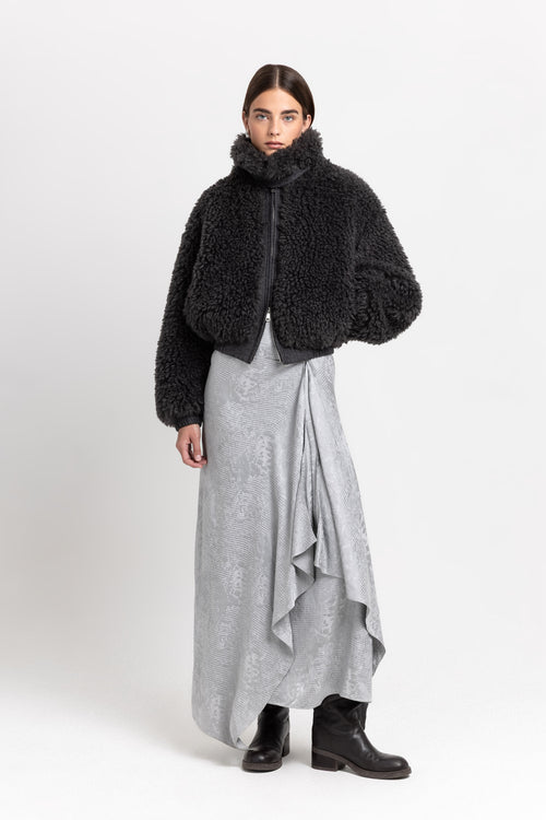 Charcoal black faux alpaca fur bomber jacket
