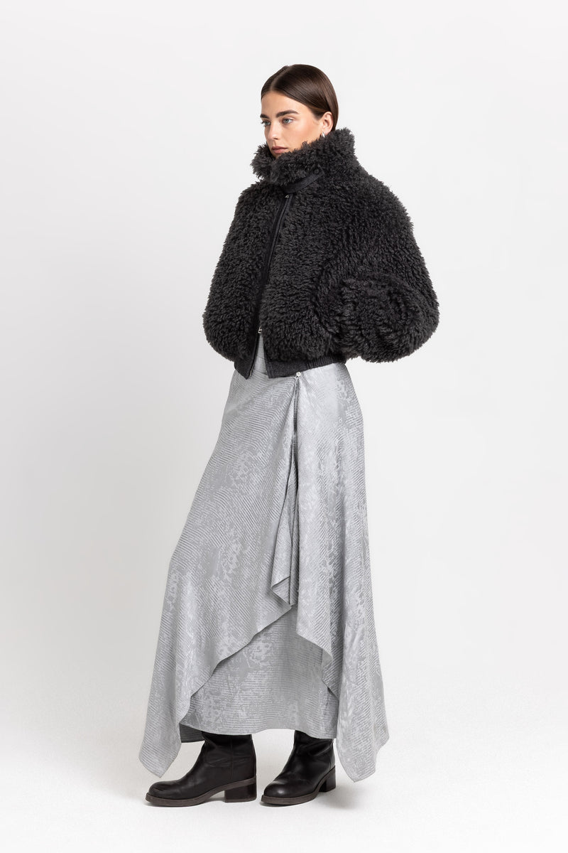 Charcoal black faux alpaca fur bomber jacket