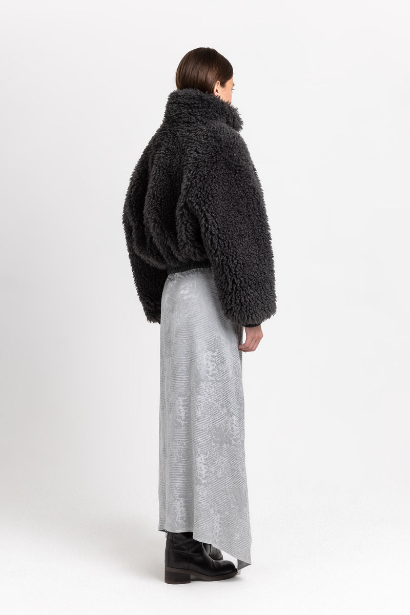 Charcoal black faux alpaca fur bomber jacket