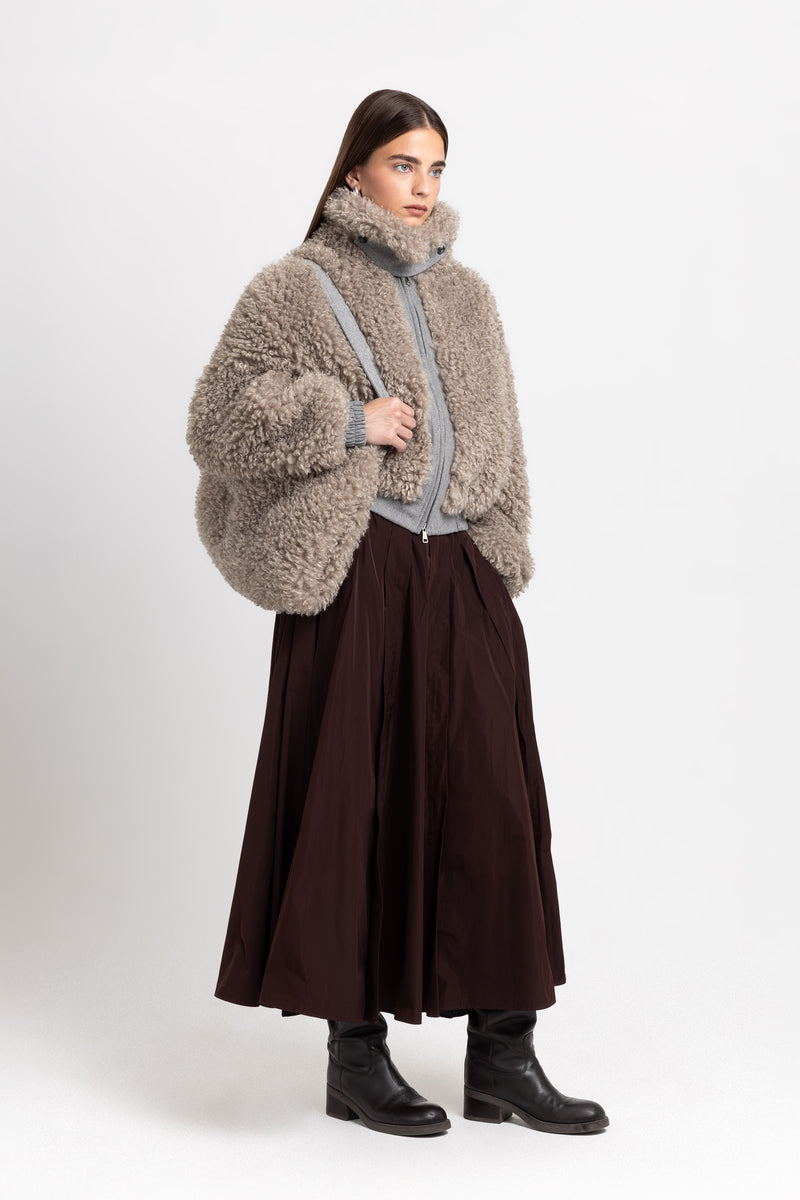 Light taupe faux alpaca fur bomber jacket