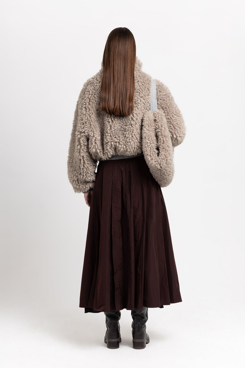 Light taupe faux alpaca fur bomber jacket