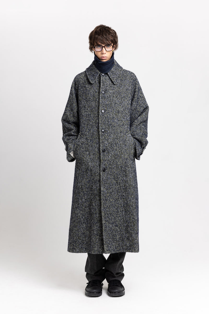 Navy & green twill blend unisex coat with double collar