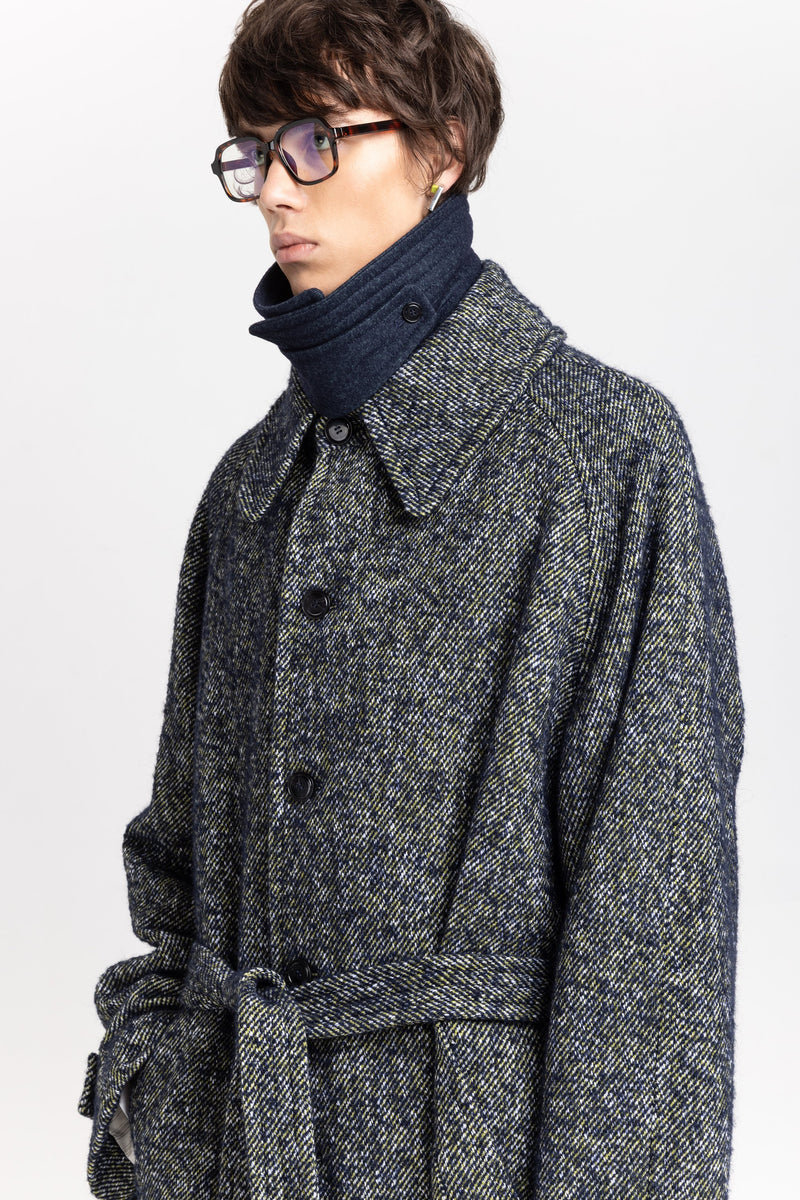 Navy & green twill blend unisex coat with double collar
