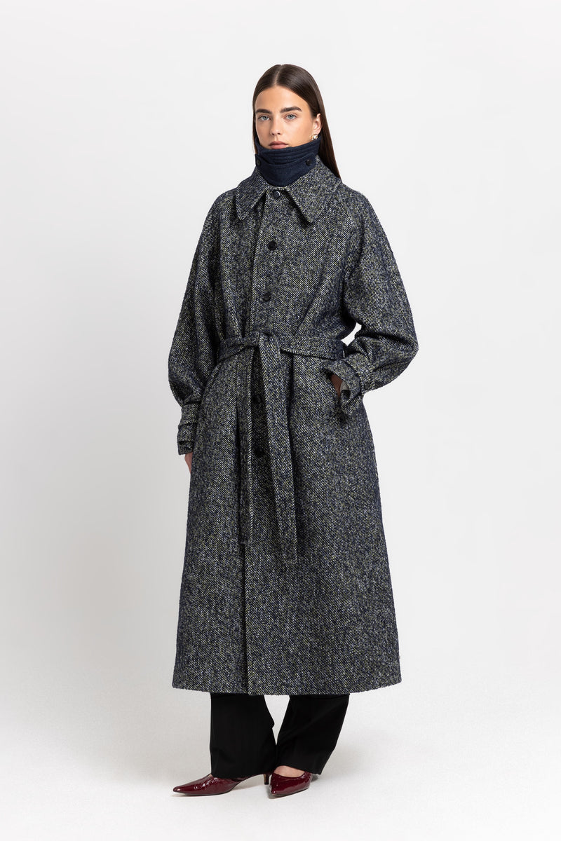 Navy & green twill blend unisex coat with double collar