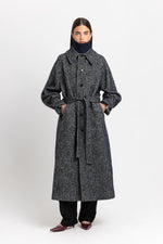 Navy & green twill blend unisex coat with double collar