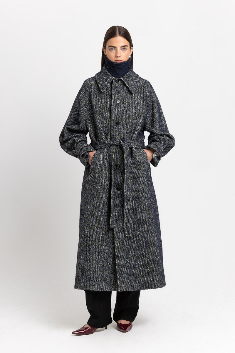 Navy & green twill blend unisex coat with double collar