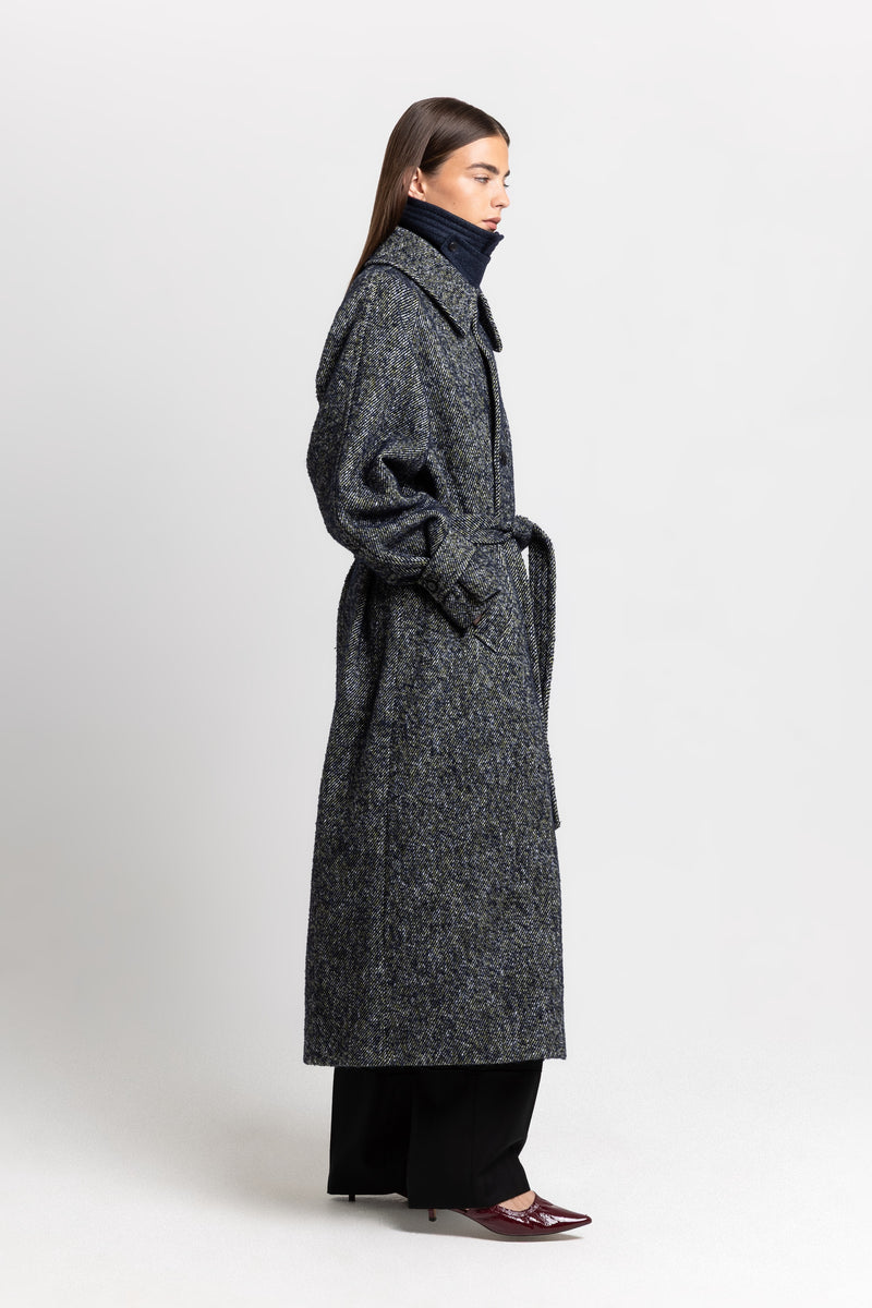 Navy & green twill blend unisex coat with double collar