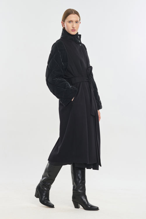 Black wool cashmere & quilt robe coat