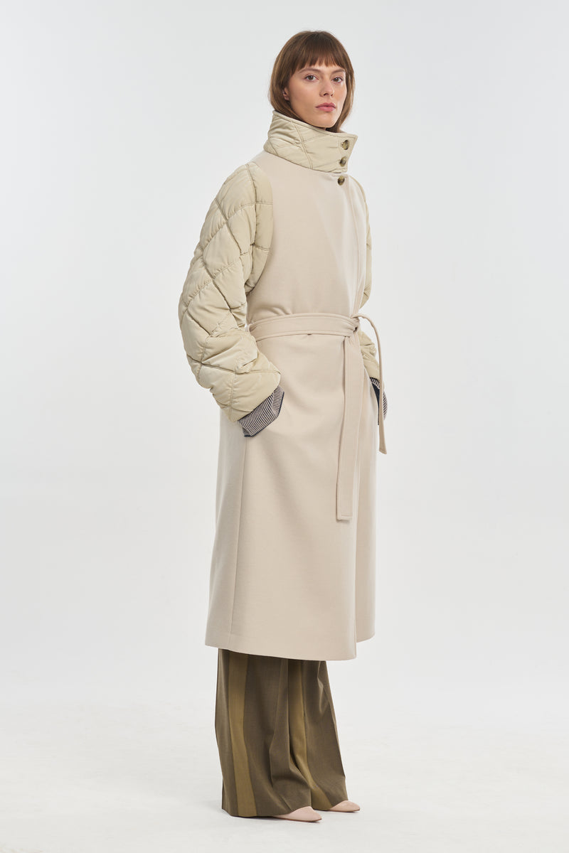 Light beige wool cashmere & quilt robe coat