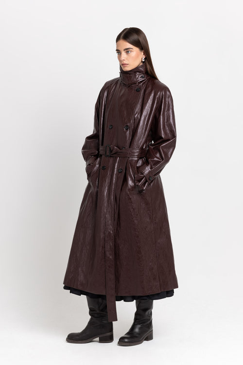 Burgundy faux leather trench coat