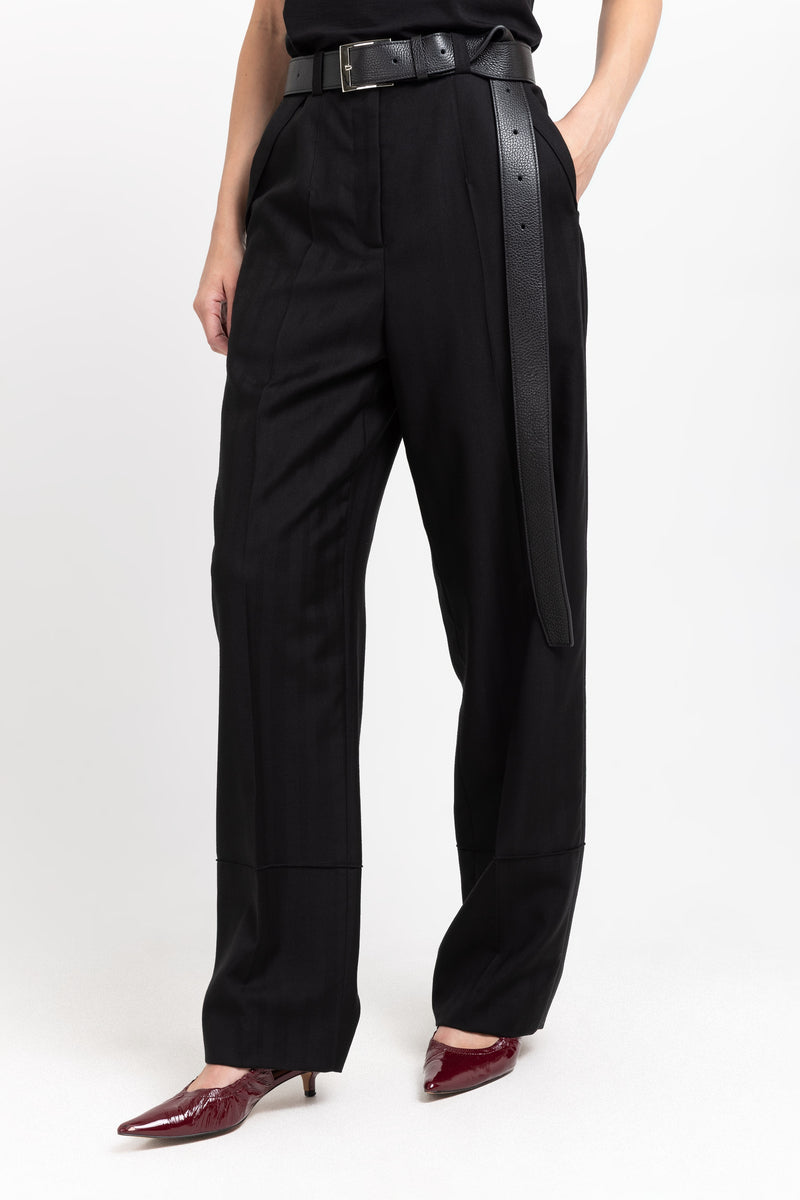 Black herringbone suiting tailored straight pants
