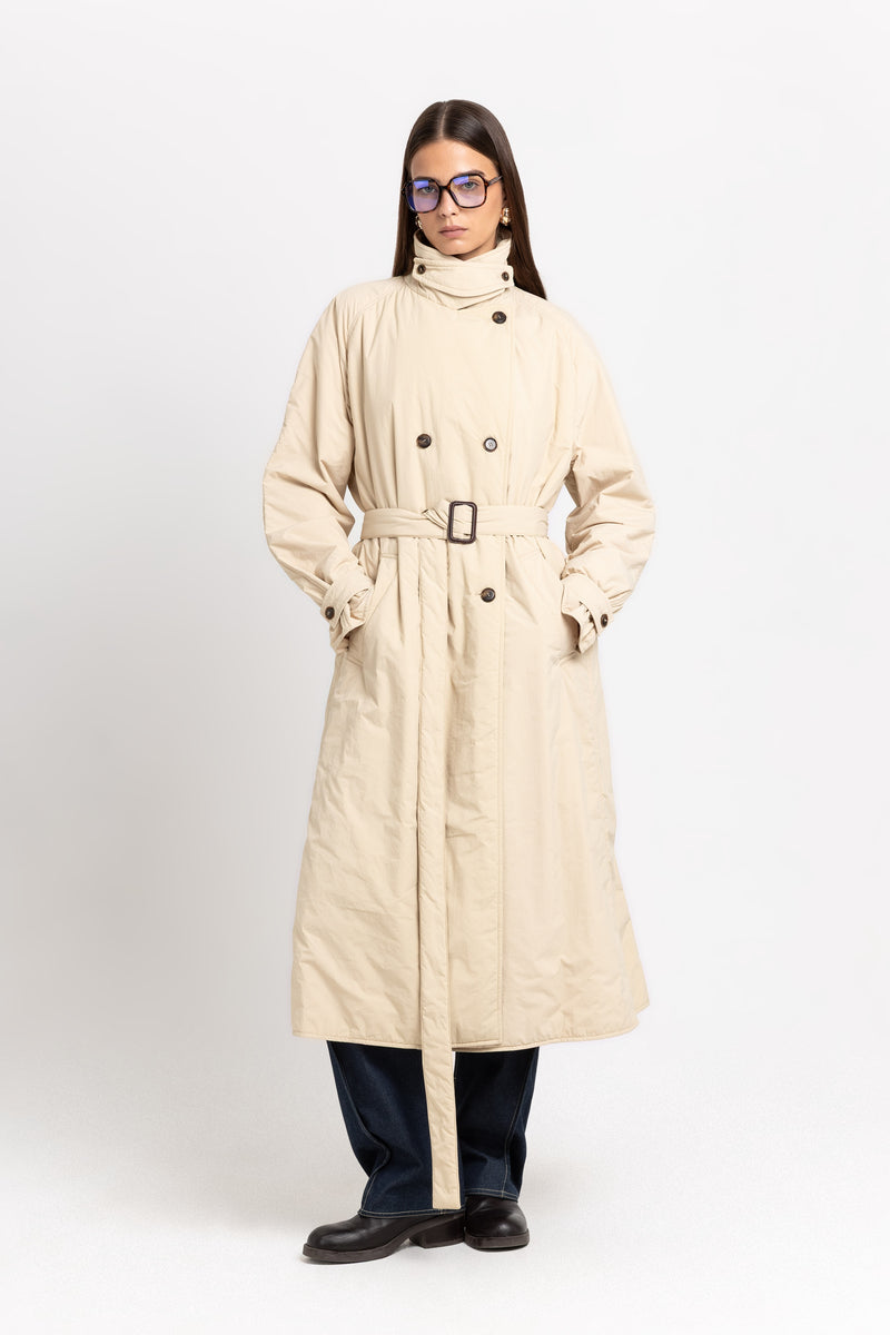 Butter beige bonded crinkle tech trench coat