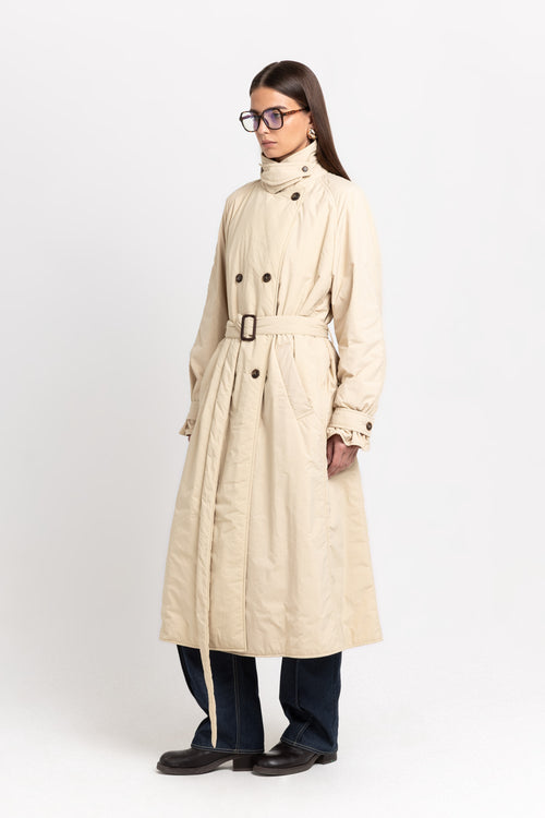 Butter beige bonded crinkle tech trench coat