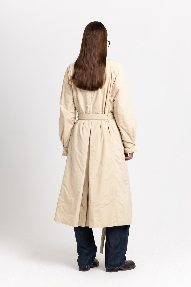 Butter beige bonded crinkle tech trench coat