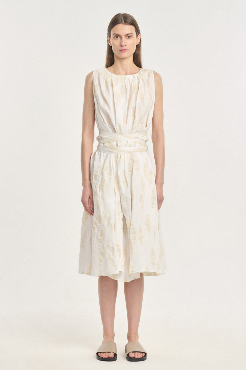 White & beige cotton crinkled sleeveless dress