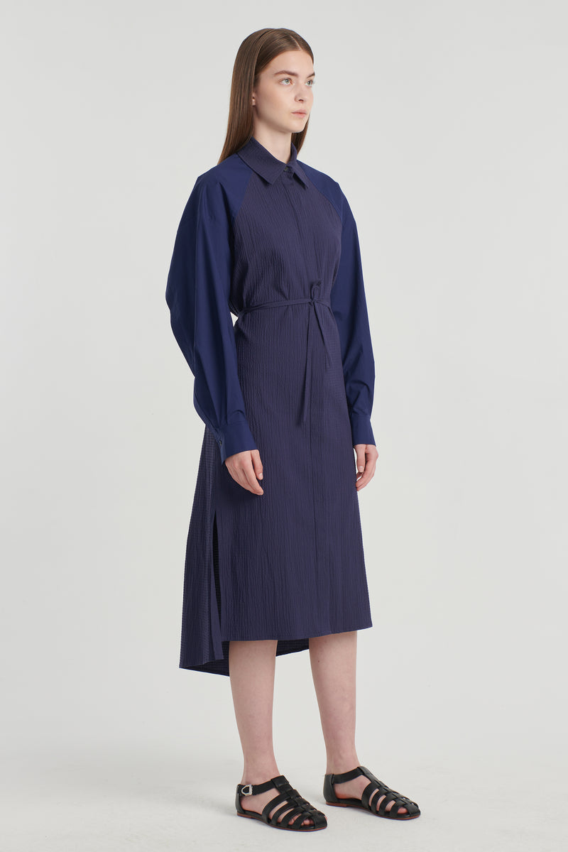Navy blue textured cotton shaped dress